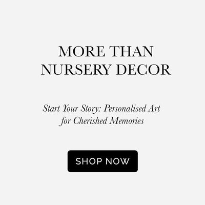 Text overlay: 'More than nursery decor, start your story: personalized art for cherished memories.' Shop now button included.