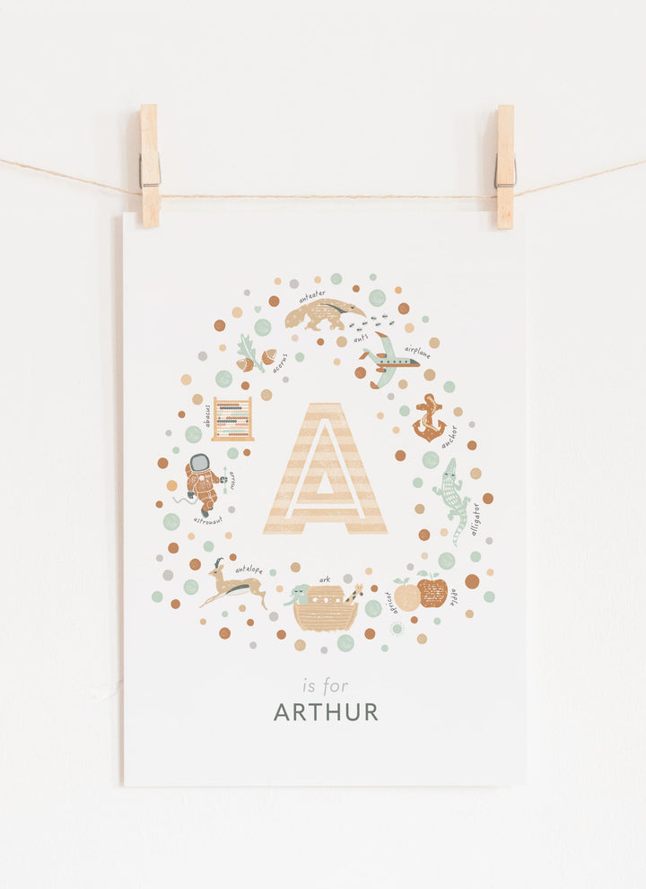 Personalised Initial Letter A Print – Custom Name Art for Baby Nursery & Kids Room