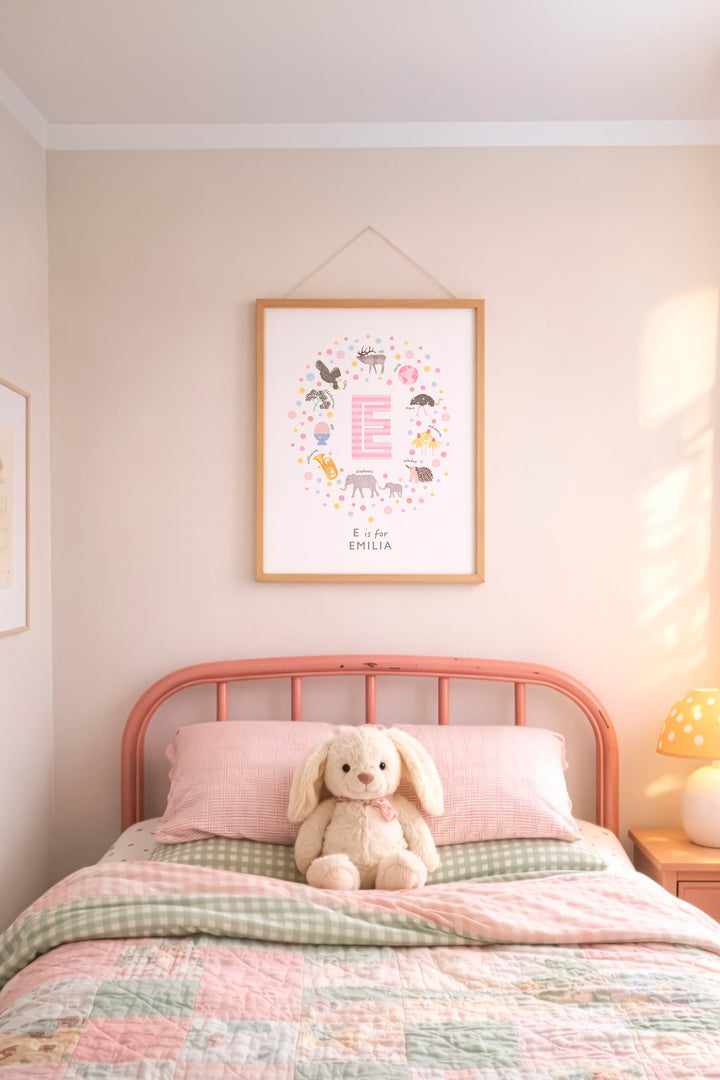 Pink Personalised Initial Letter E Print | Whimsical Nursery Wall Art