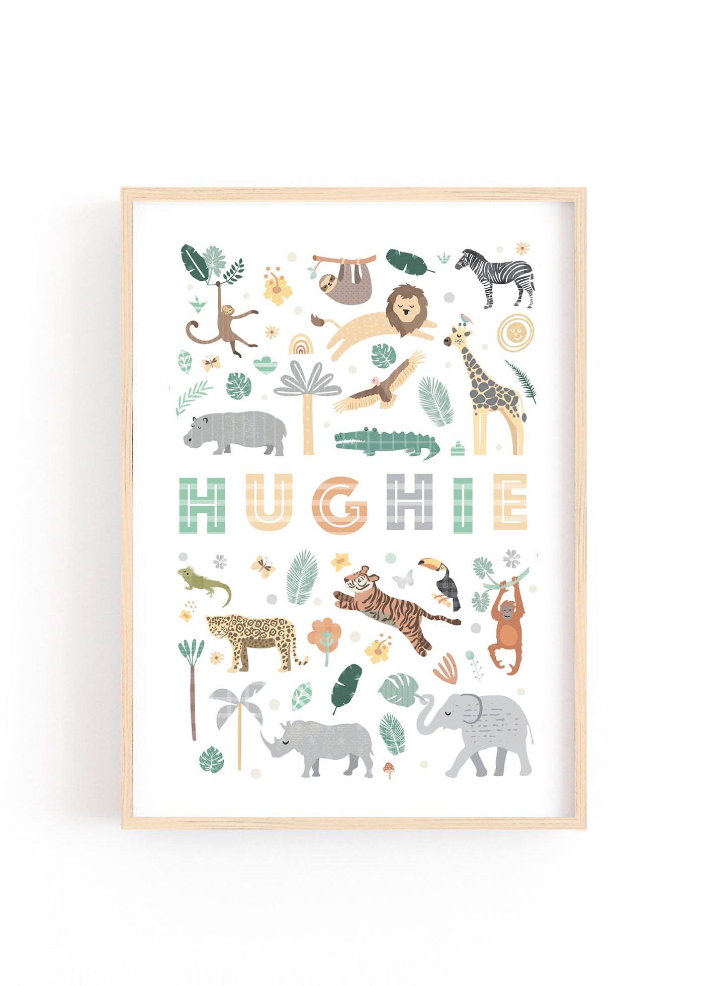 Custom safari-themed name poster featuring the name 'Hughie' in playful, colorful letters surrounded by illustrated animals such as lions, giraffes, zebras, tigers, elephants, and more, set against a white background. Perfect for a jungle or safari-themed nursery.