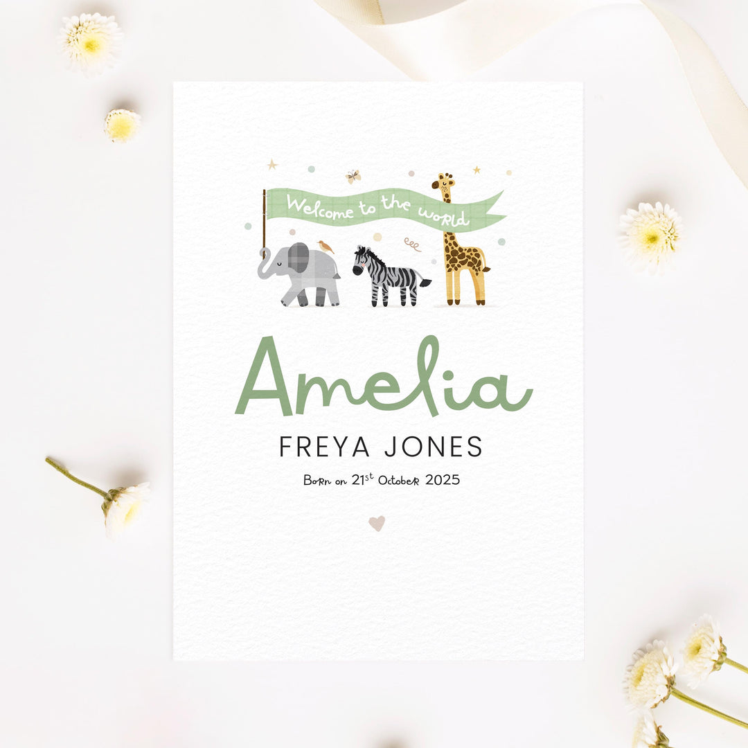 Personalised Safari New Baby Girl Card | Welcome Custom Name Safari Card