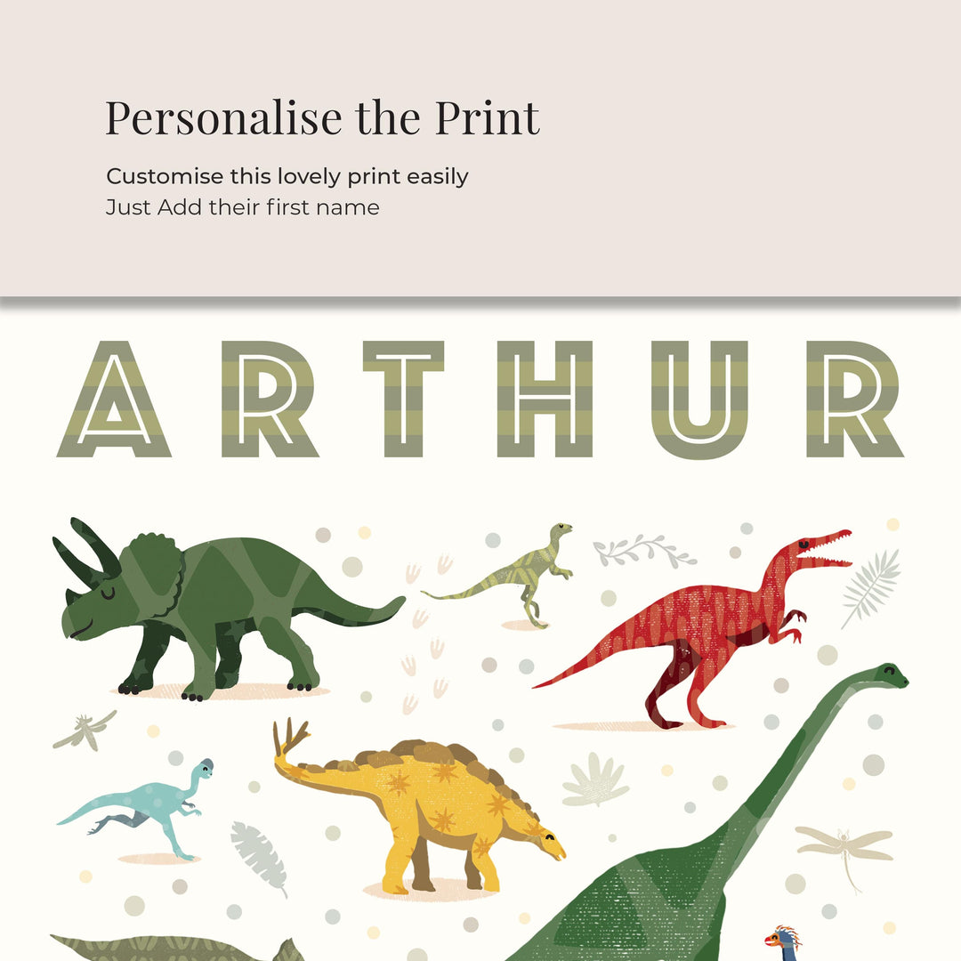 Personalised dinosaur print featuring the name Arthur in bold lettering with illustrated dinosaurs — custom nursery wall art for kids.”
