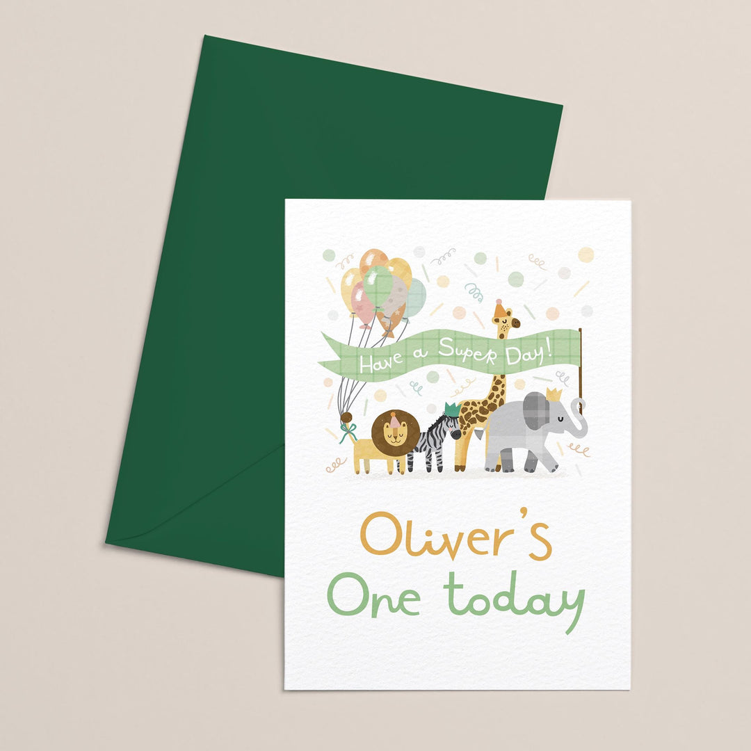 Personalised 1st Birthday Card for Baby | Custom Name Jungle Safari Animals