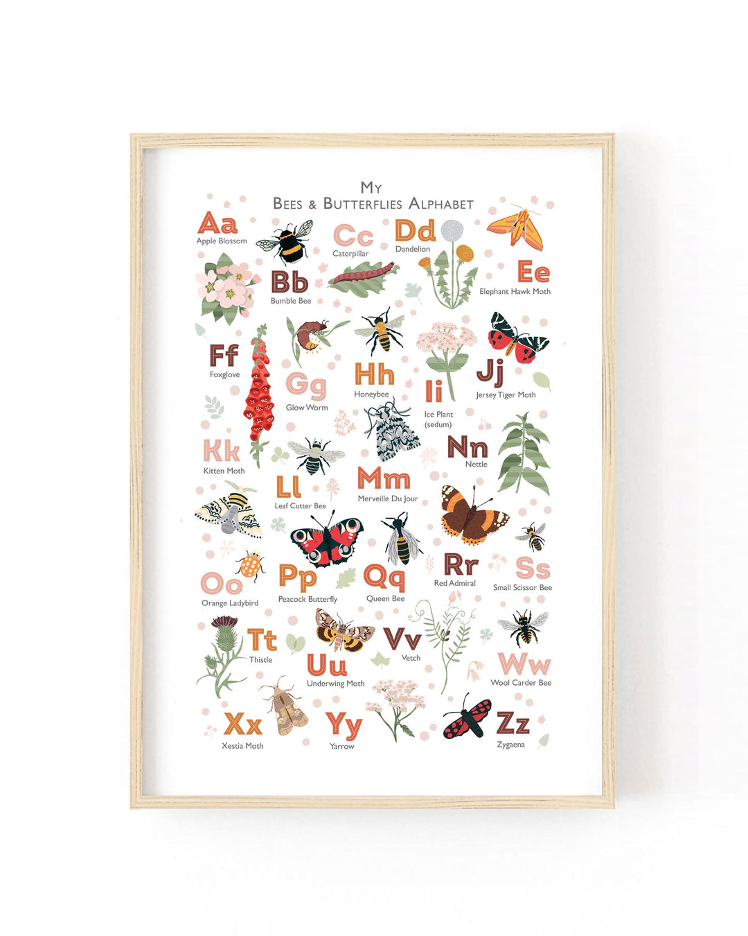 A framed alphabet poster titled 'My Bee & Butterfly Alphabet' featuring illustrated letters with corresponding insects, flowers, and plants, shown in a light wood frame against a white background.