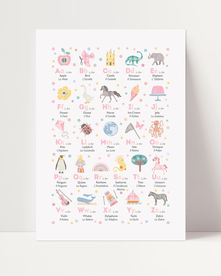 Girls Nursery Alphabet Print | English &amp; Italian Bilingual Poster Download