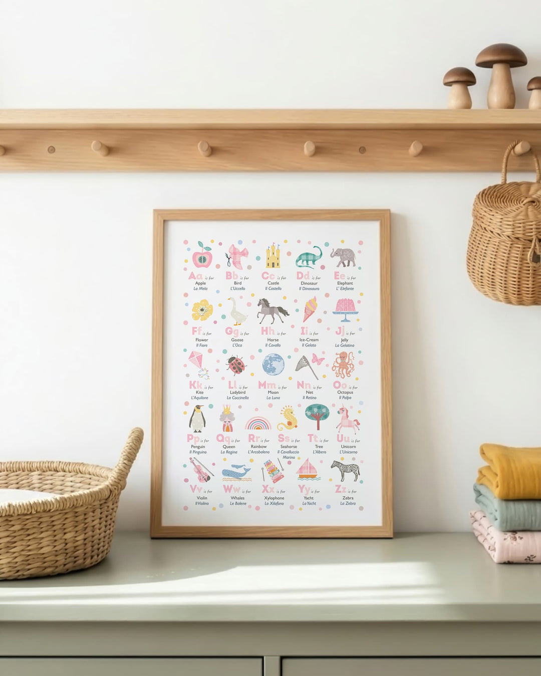 Girls Nursery Alphabet Print | English &amp; Italian Bilingual Poster Download