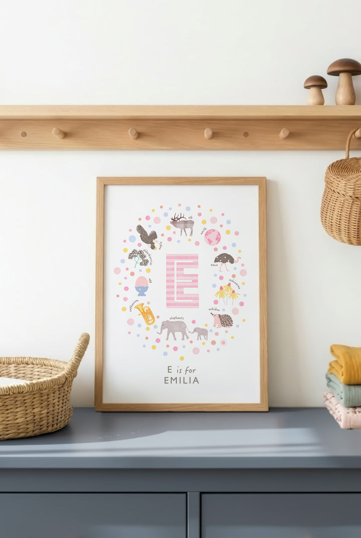 Pink Personalised Initial Letter E Print | Whimsical Nursery Wall Art