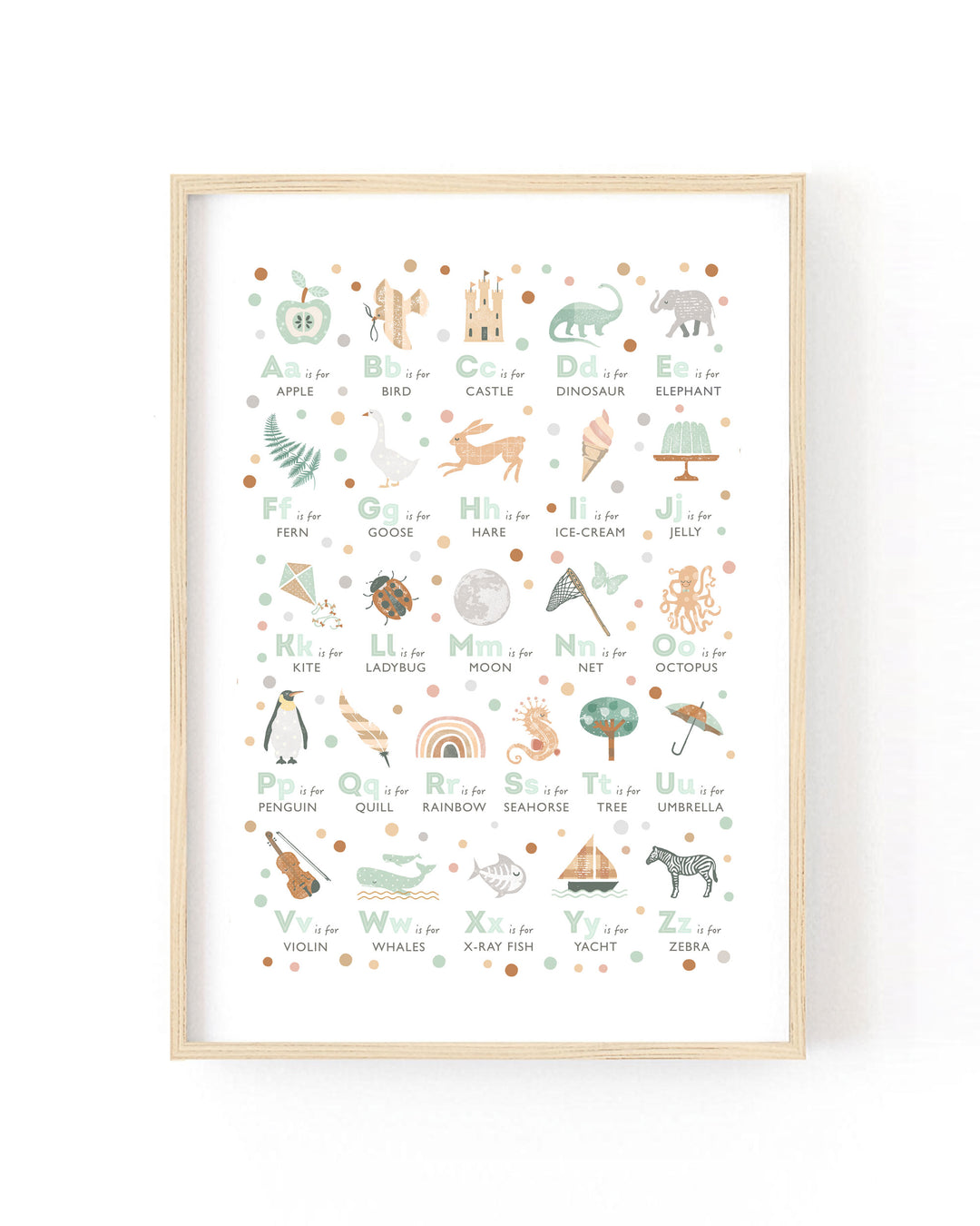 A framed alphabet art print featuring whimsical illustrations of animals and objects paired with their corresponding alphabet letters and words, set in a light natural wood frame against a white background.