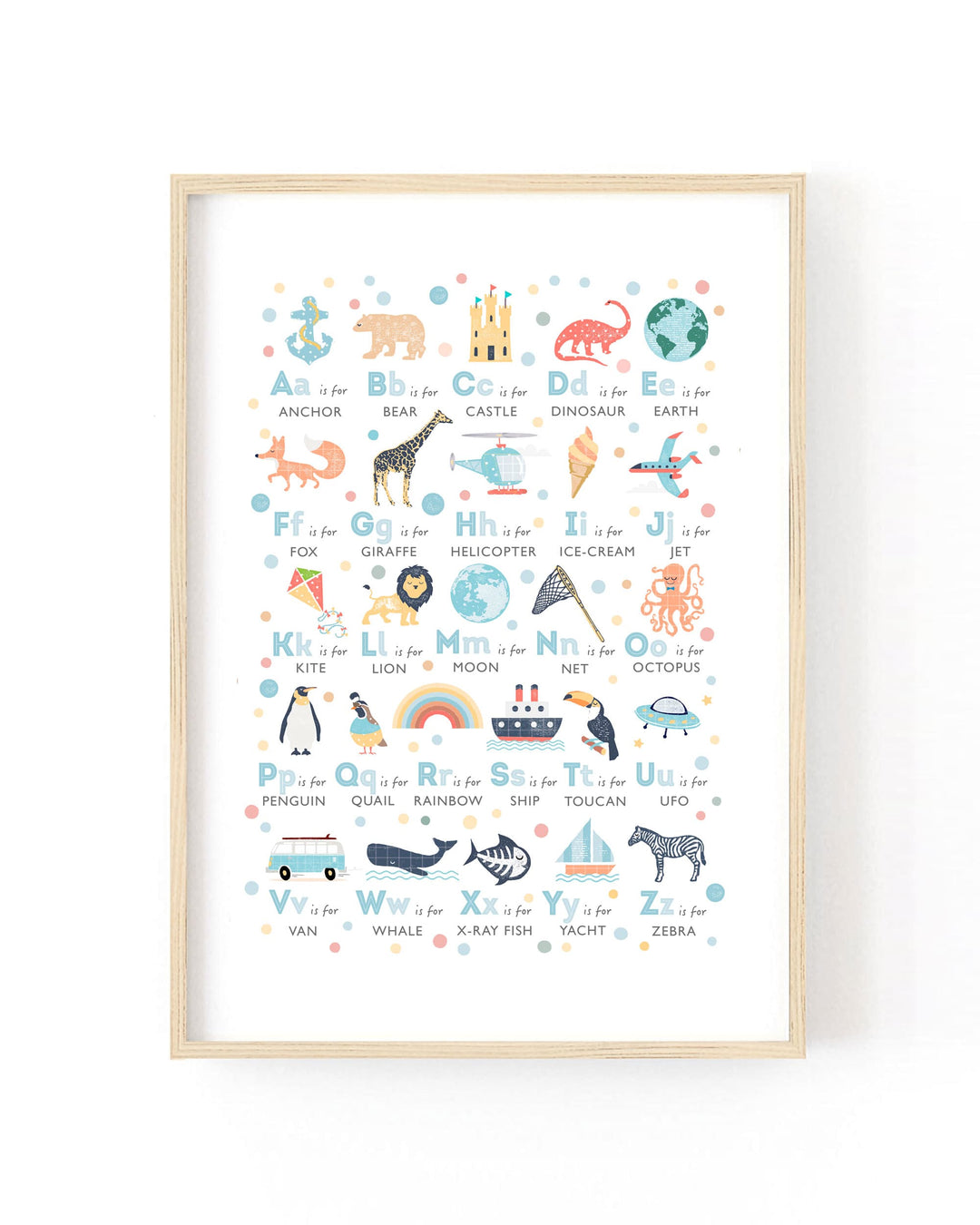 A framed children's alphabet art print featuring colorful illustrations of animals and words for each letter, shown in a light wood frame against a white background.