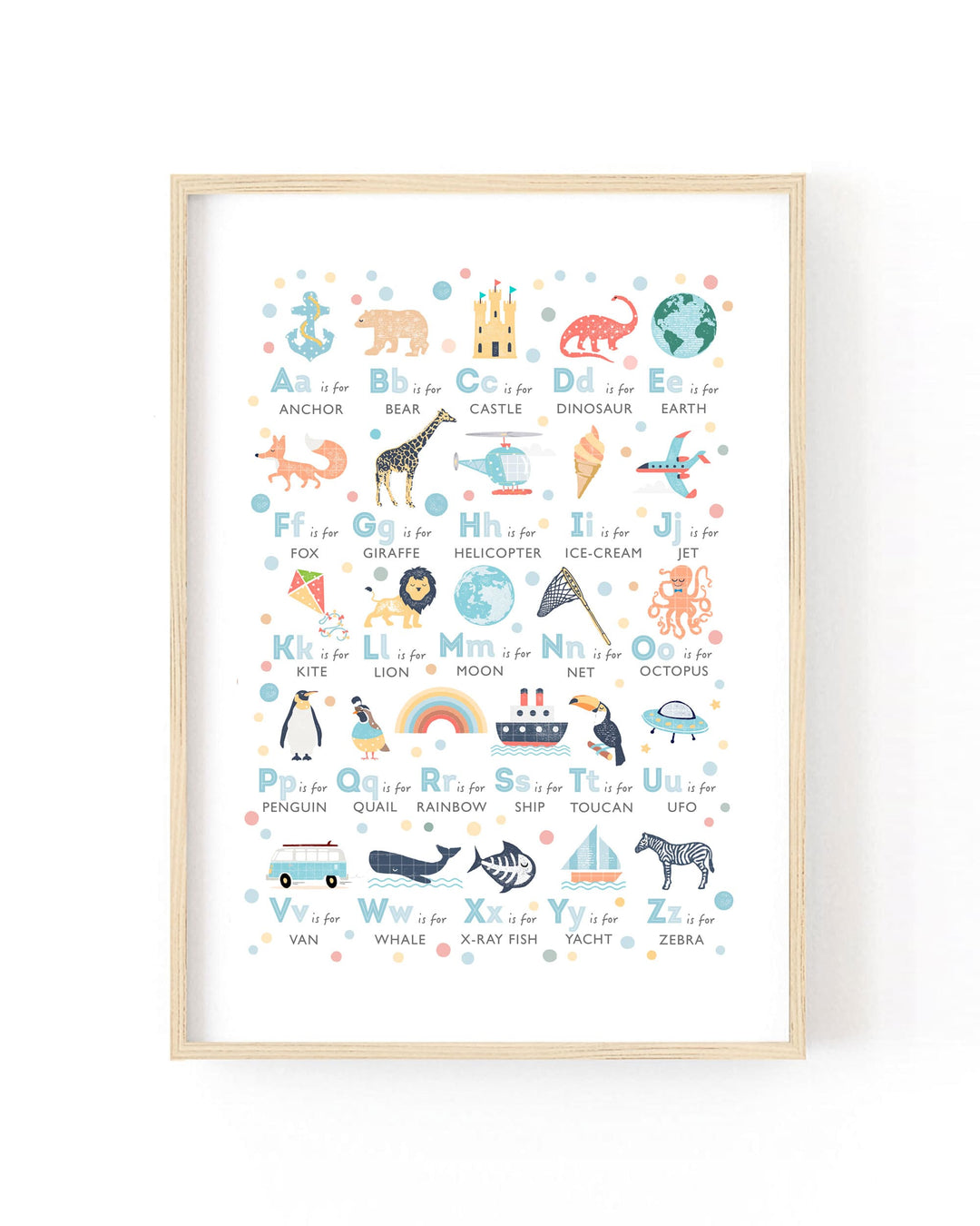 A framed alphabet and animal educational art print featuring colorful illustrations of animals paired with their corresponding alphabet letters, shown in a light wood frame against a white wall.