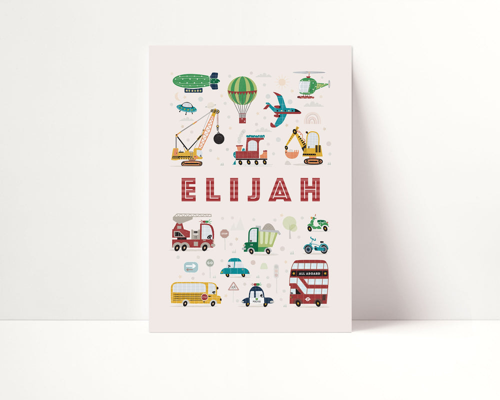 Boys Personalised Transport Print | Nursery Name Decor with Vehicles - PaperPaintPixels