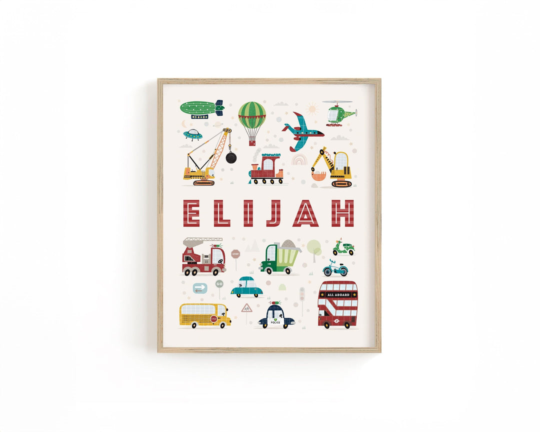 Boys Personalised Transport Print | Nursery Name Decor with Vehicles - PaperPaintPixels