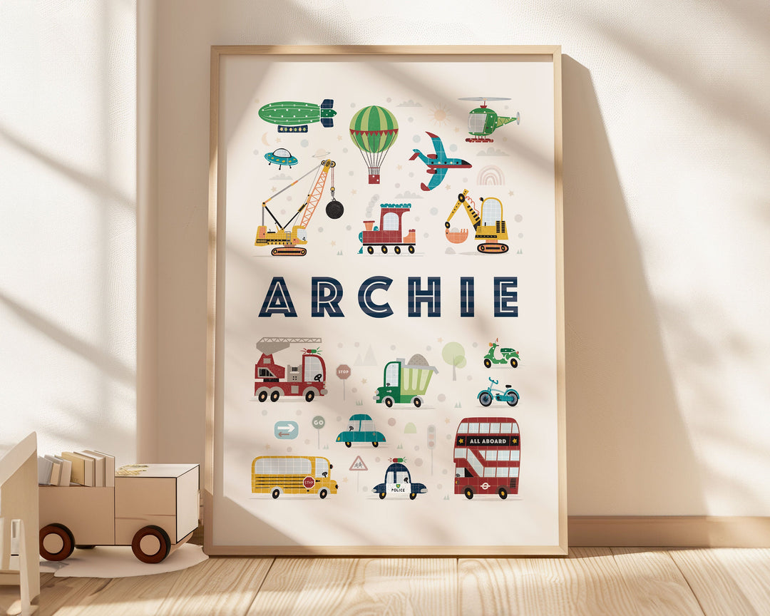 Boys Personalised Transport Print | Nursery Name Decor with Vehicles - PaperPaintPixels