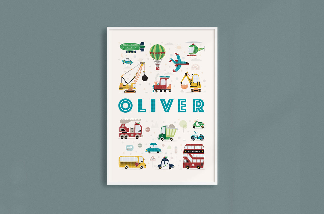 Boys Personalised Transport Print | Nursery Name Decor with Vehicles - PaperPaintPixels