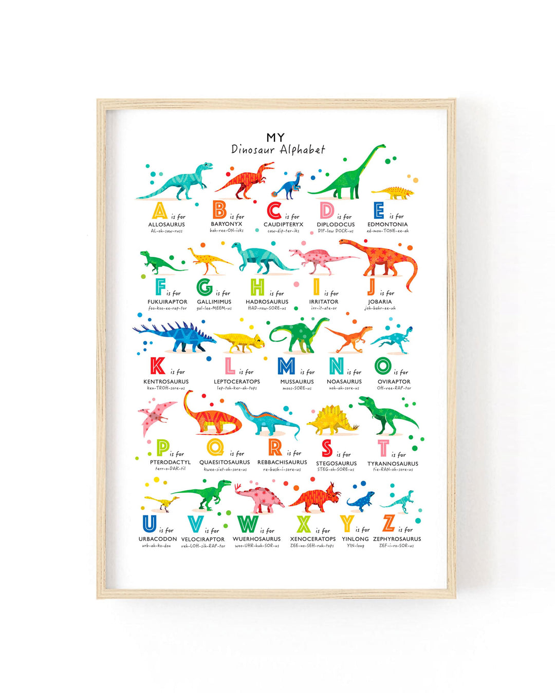 A framed children's dinosaur alphabet poster on a white background. The poster features colorful illustrations of dinosaurs corresponding to each letter of the alphabet, with the title 'My Dinosaur Alphabet' at the top.