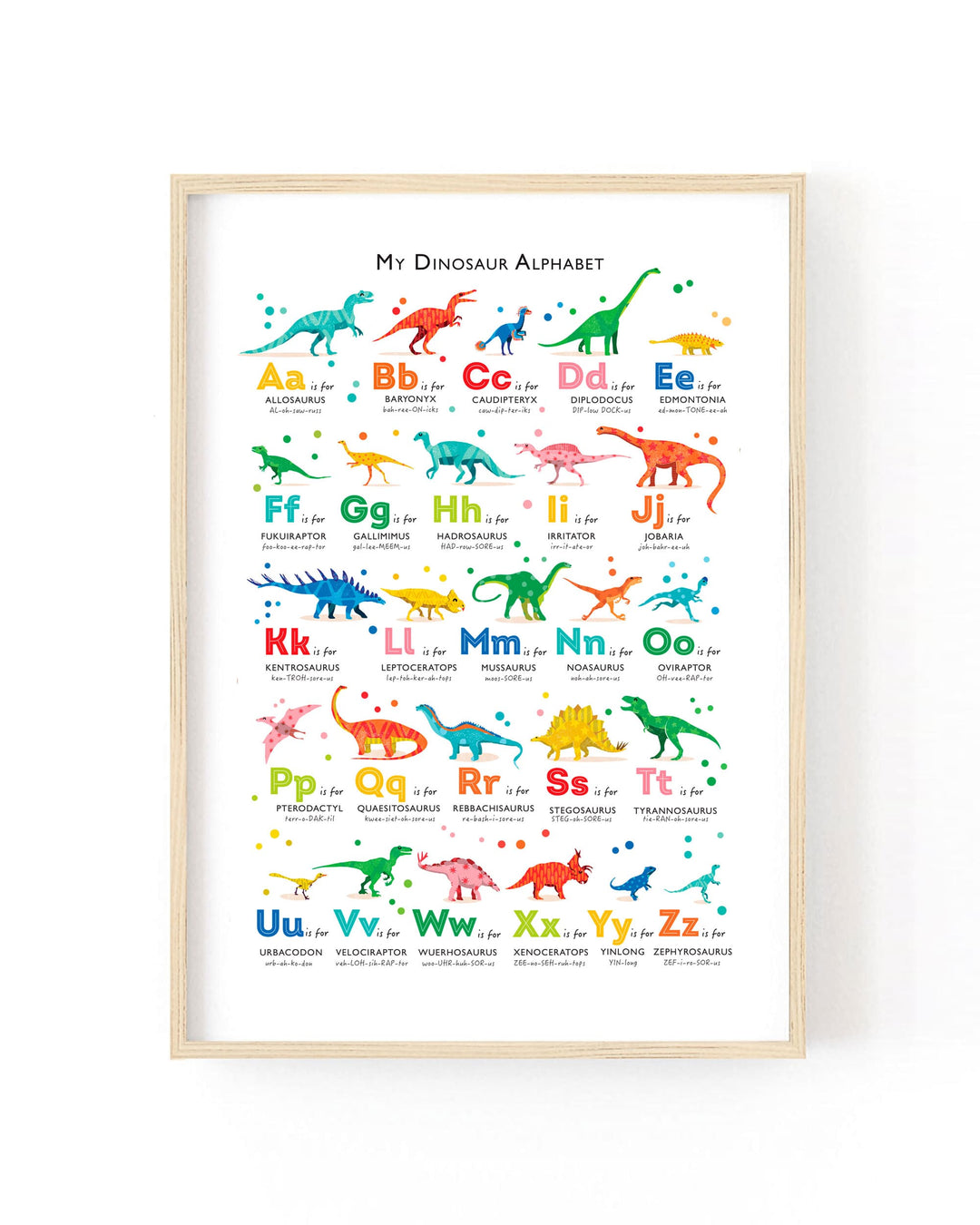 A framed 'My Dinosaur Alphabet' educational poster featuring colorful cartoon dinosaurs and letters, displayed on a clean white wall.