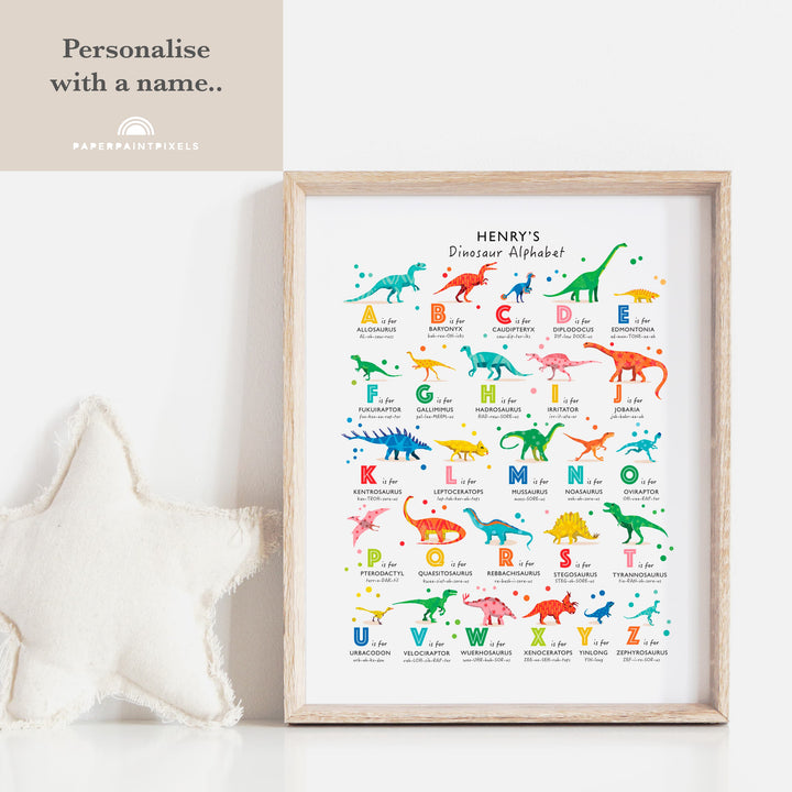 Bright Rainbow Dinosaur A - Z Print for Boys and Girls. - PaperPaintPixels
