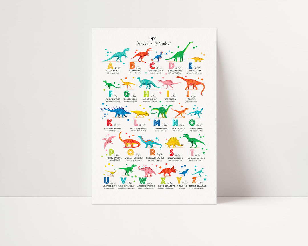 Bright Rainbow Dinosaur A - Z Print for Boys and Girls. - PaperPaintPixels
