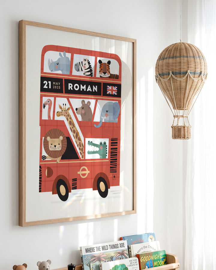 Personalised London Bus Print‚ Custom Kids Poster | Red Double Decker Bus Wall Art