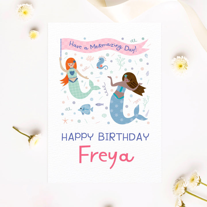 Personalised Mermaid Birthday Card for Girls | Custom Name Under The Sea Theme