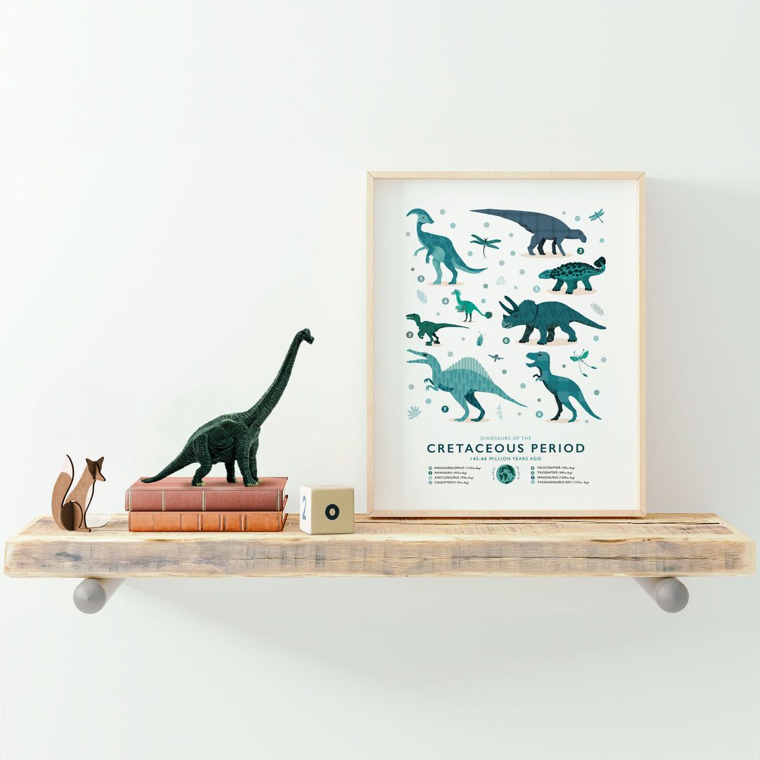 Framed dinosaur illustration poster on a wooden shelf with toy dinosaurs and books.