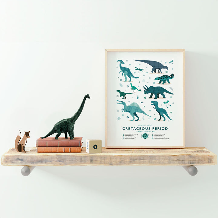 Framed dinosaur illustration poster on a wooden shelf with toy dinosaurs and books.