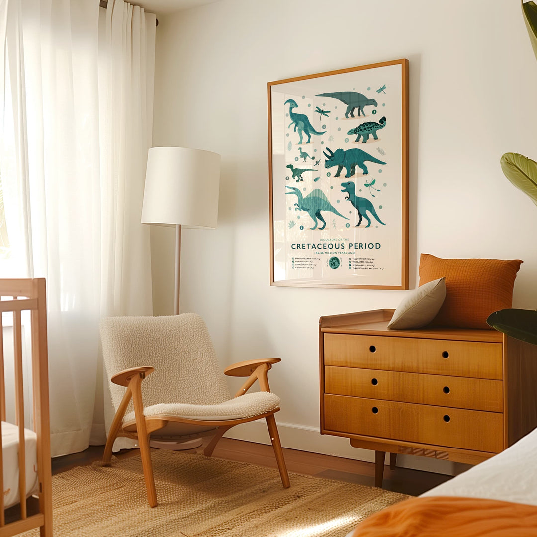 Nursery room with wooden crib, chair, lamp, and dinosaur-themed wall art.