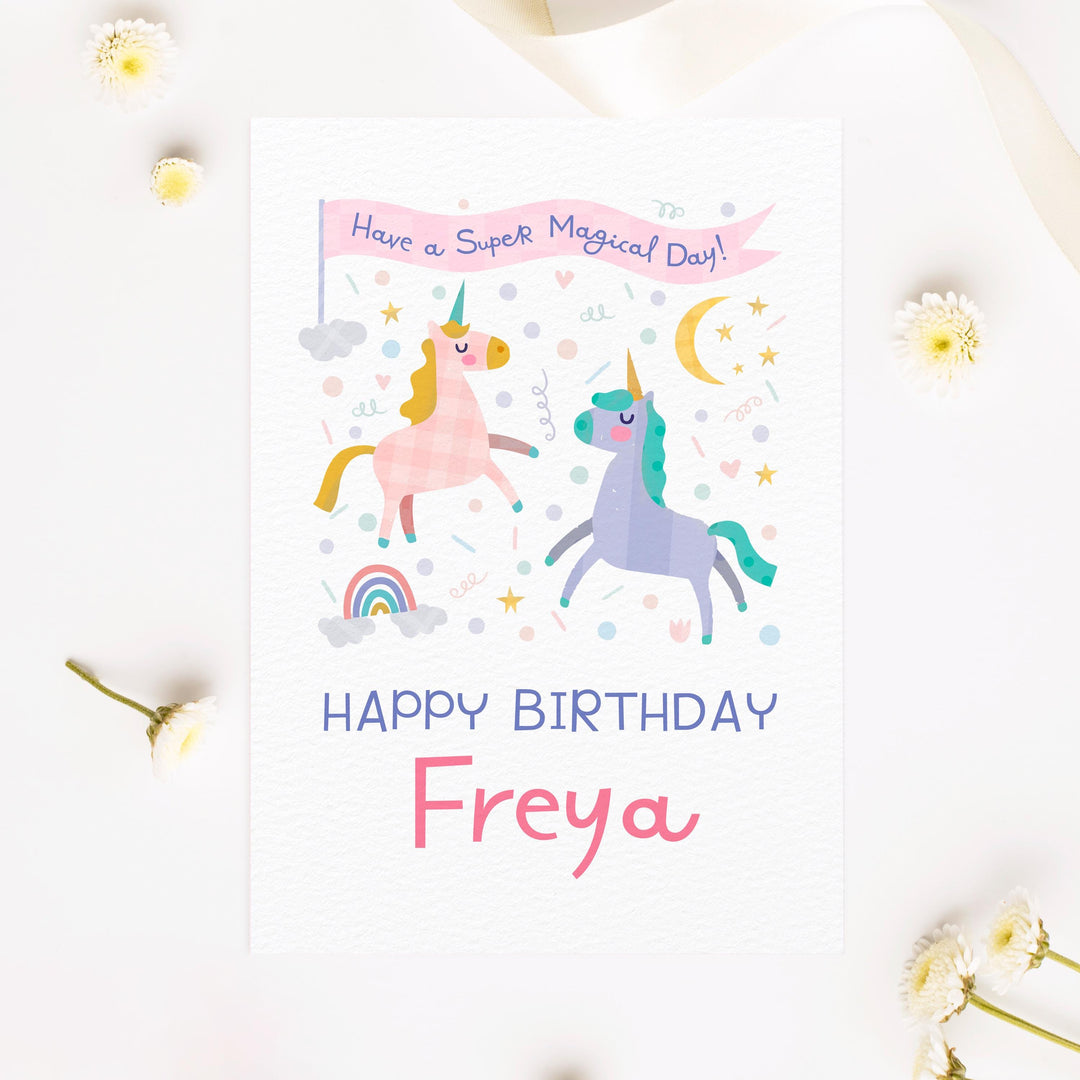 Personalised Unicorn Birthday Card for Girls | Custom Name Rainbow Pastel Print