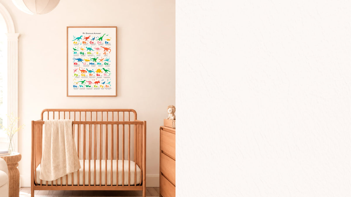 A framed colorful dinosaur nursery art print hangs on a beige wall above a wooden crib in a softly lit baby nursery.