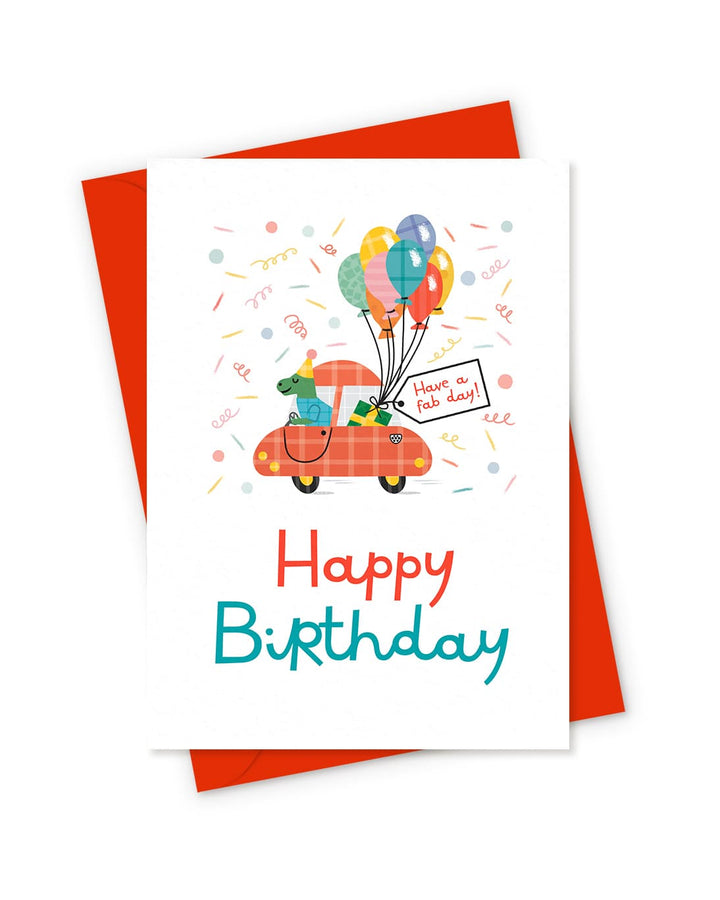 Birthday card with a red car and balloons on a white background