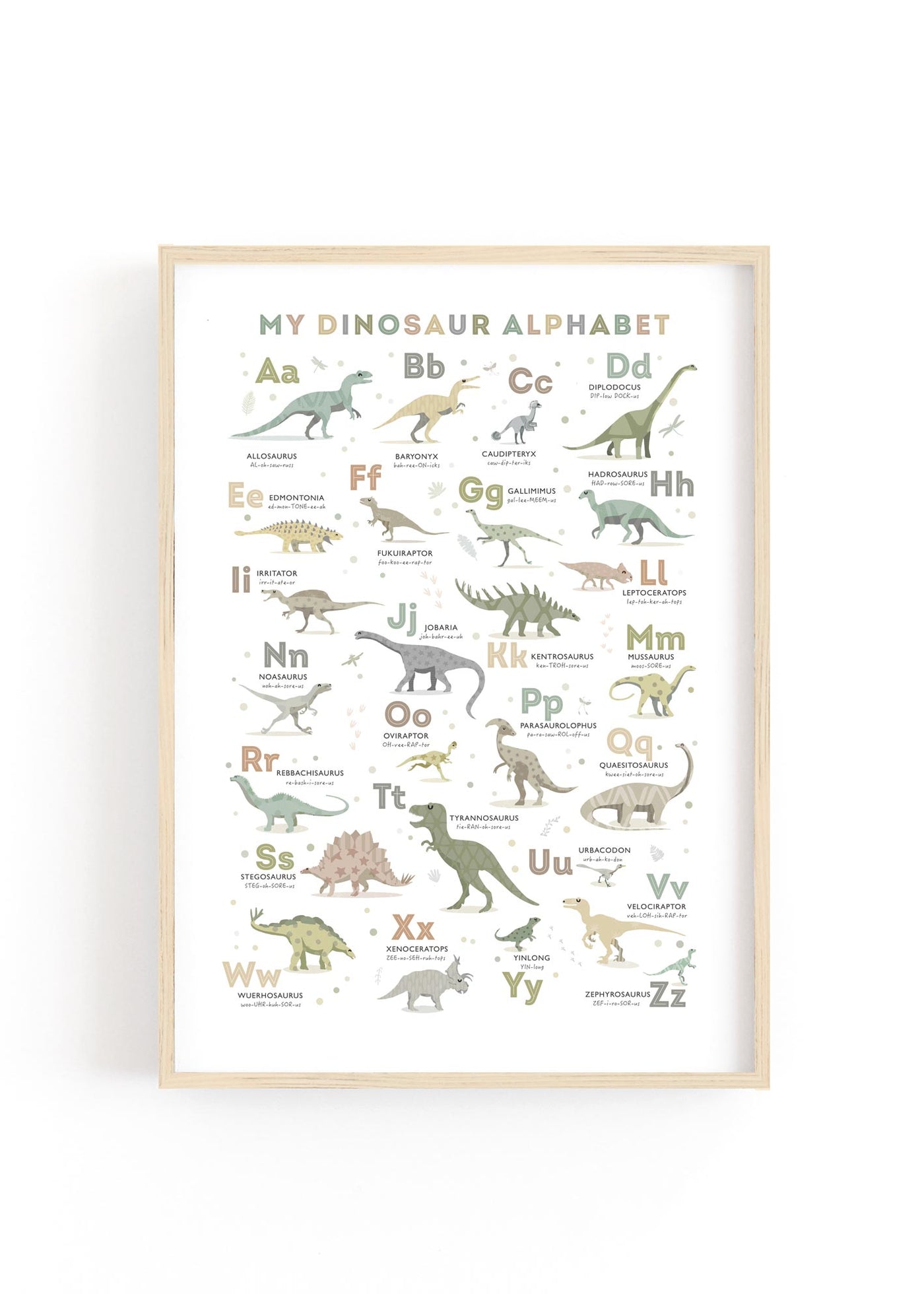 Dinosaur Alphabet Poster in Earth Tone Colours framed in oak on a white wall