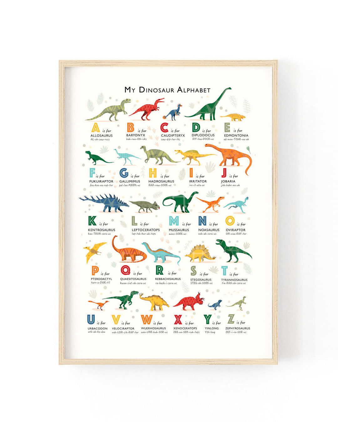 A framed children's educational poster titled 'My Dinosaur Alphabet' featuring colorful illustrated dinosaurs paired with alphabet letters and words, shown in a light wood frame against a white background.