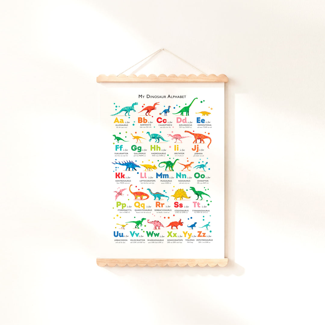 A hanging educational wall chart titled "My Dinosaur Alphabet" with colorful dinosaur illustrations and letters A through Z, displayed against a plain white wall.