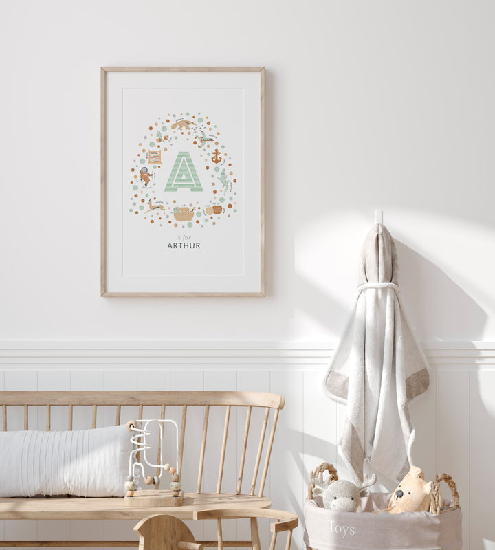 Personalised Initial Letter A Print – Custom Name Art for Baby Nursery & Kids Room