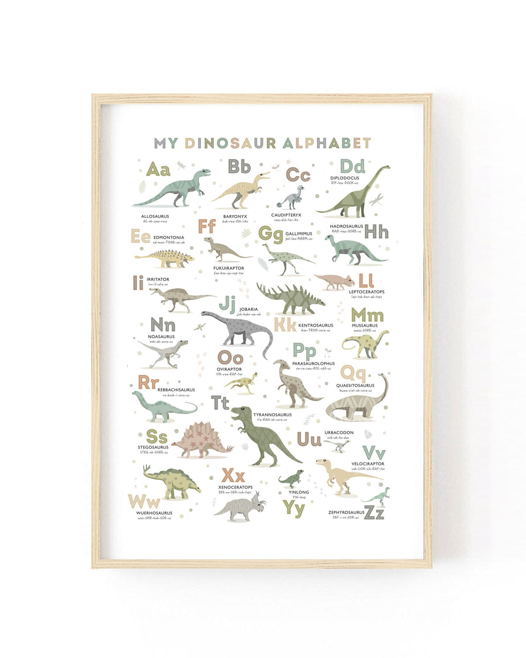A framed 'My Dinosaur Alphabet' educational poster featuring illustrated dinosaurs next to each alphabet letter from A to Z, displayed on a clean white background.