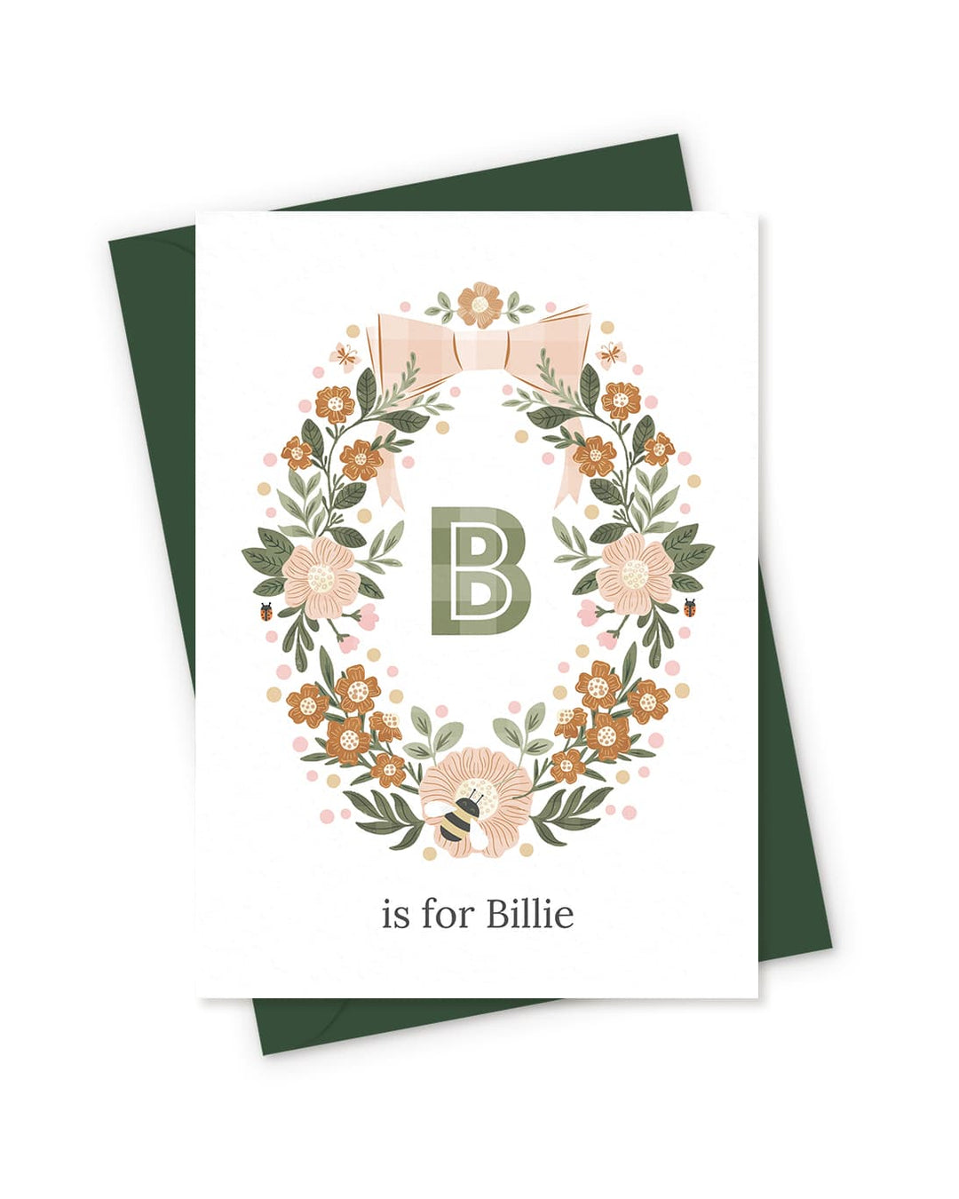 A personalised new baby card featuring a floral wreath of hand-drawn botanicals and leaves, with the initial B  in the centre with the name  Billie underneath.