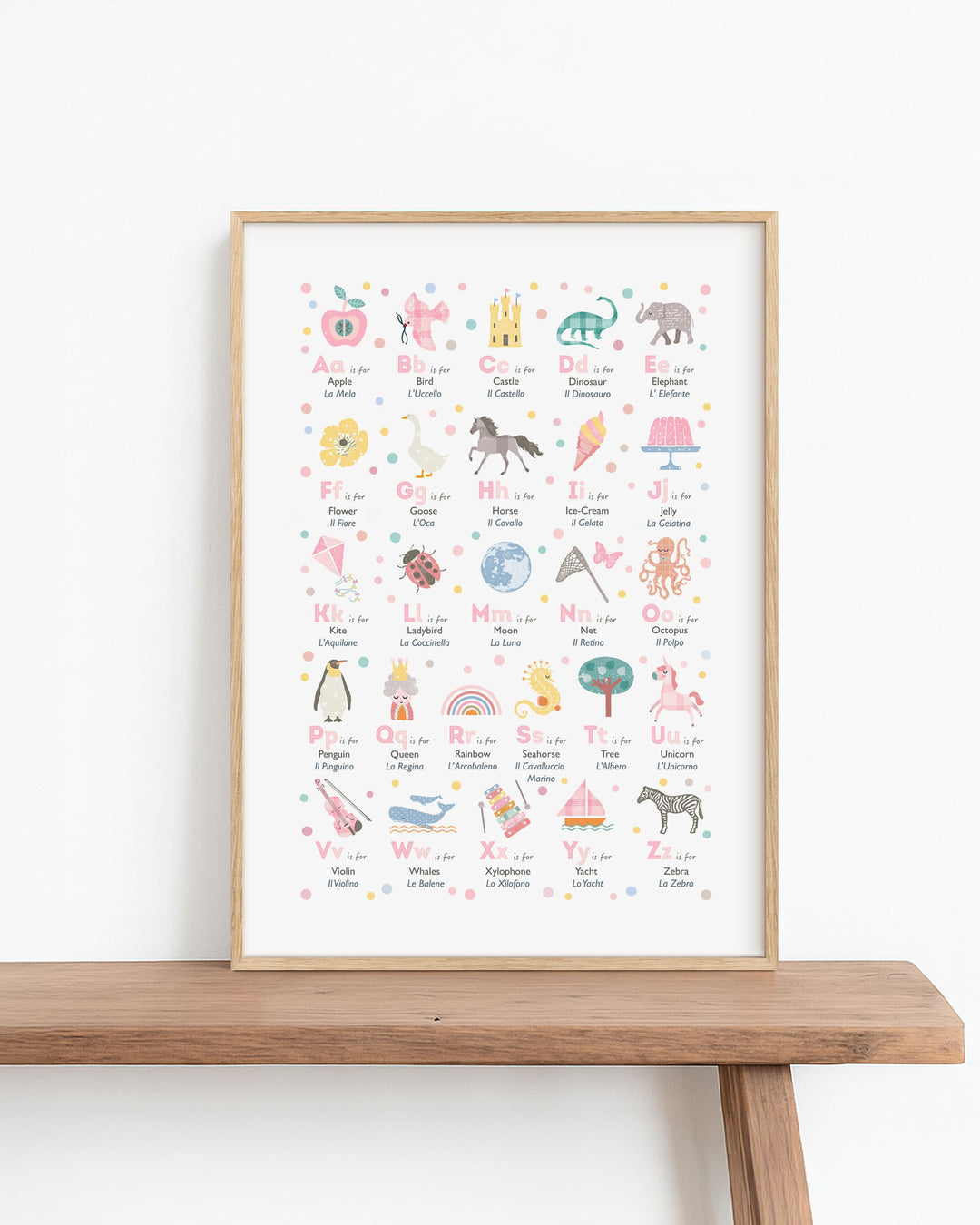 Framed english-italian-pink-alphabet poster with illustrations on a wooden shelf against a white wall