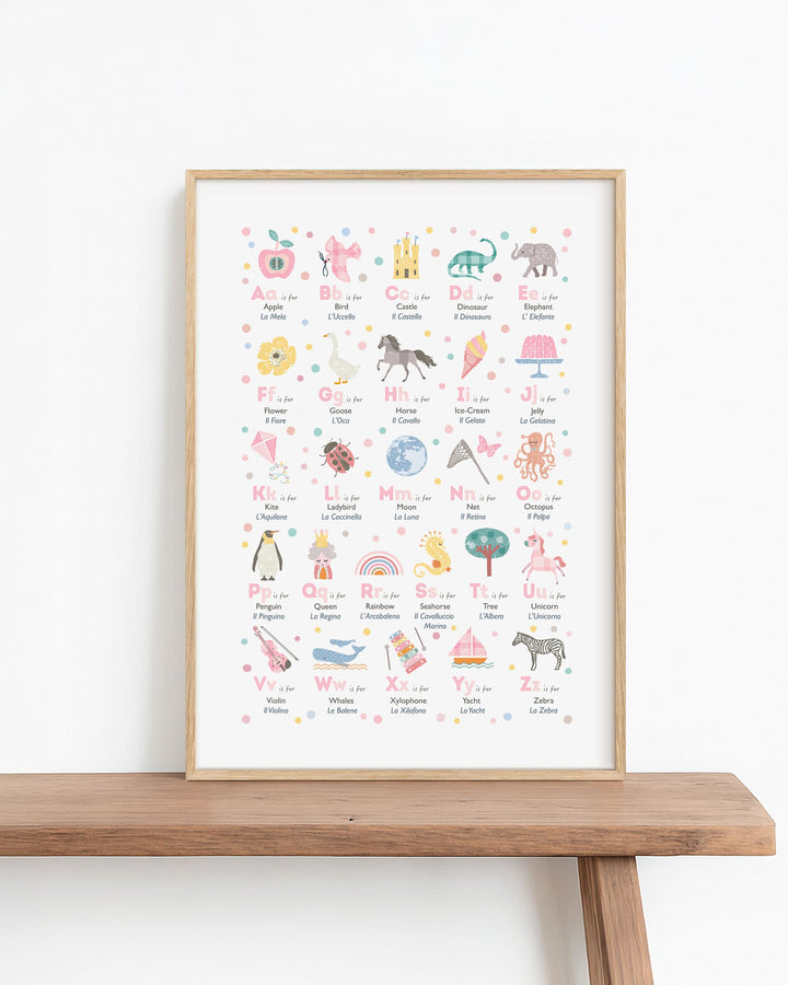 Framed english-italian-pink-alphabet poster with illustrations on a wooden shelf against a white wall