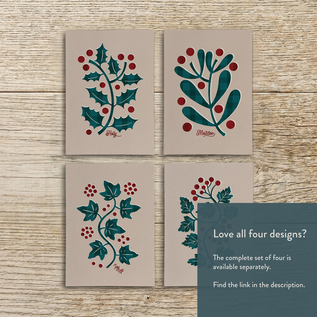 Four botanical Christmas card designs featuring holly, mistletoe, ivy and hawthorn, with explanatory text