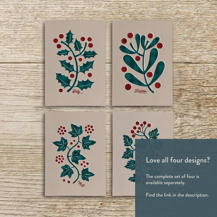 Four botanical Christmas card designs featuring holly, mistletoe, ivy and hawthorn, with explanatory text