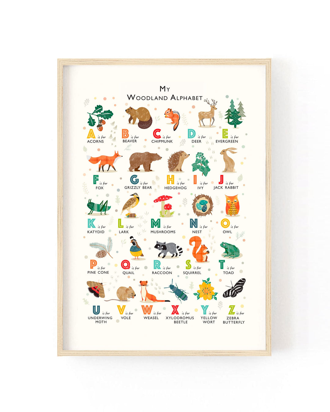 A framed art print titled 'My Woodland Alphabet' featuring colorful illustrated woodland animals and letters on an off-white background, enclosed in a light natural wood frame against a white wall.