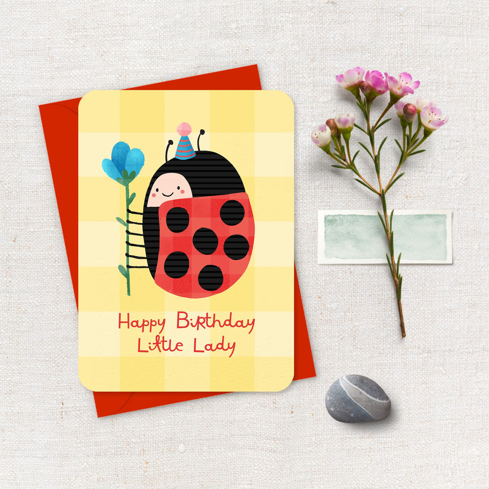 Birthday card with a ladybug design on a textured surface with flowers and a rock.