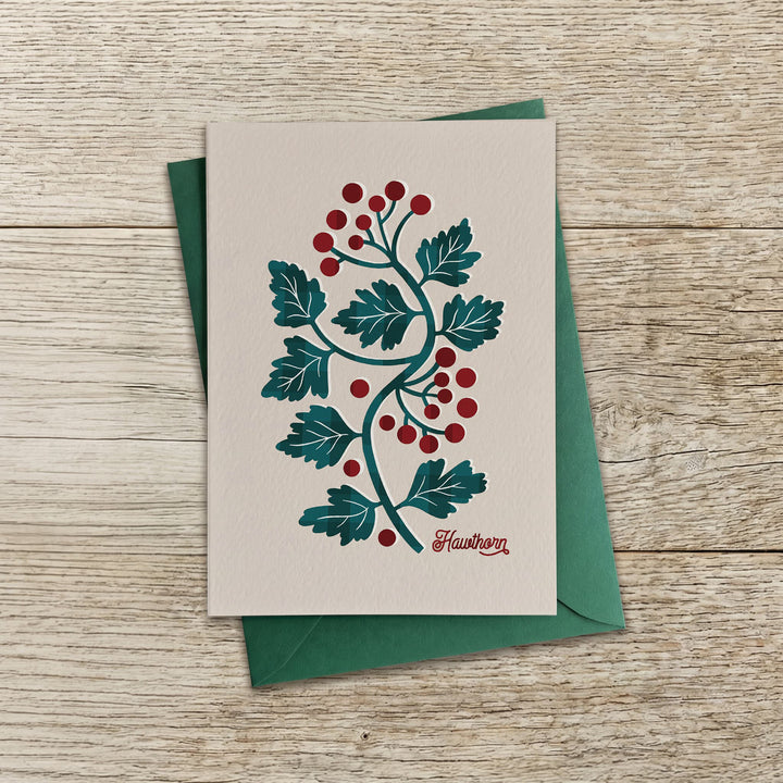 Contemporary hawthorn Christmas card with stylised hawthorn foliage and berries