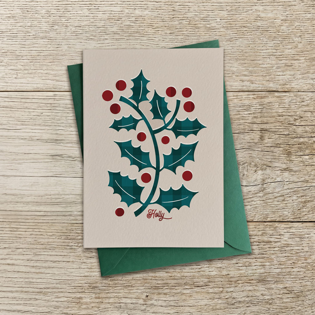 Contemporary holly Christmas card with illustrated holly leaves and berries