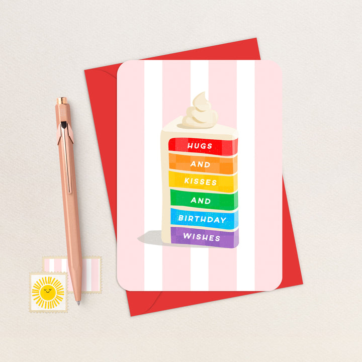 Hugs and Kisses and Rainbow Wishes Card, Cute Rainbow Cake Birthday Card