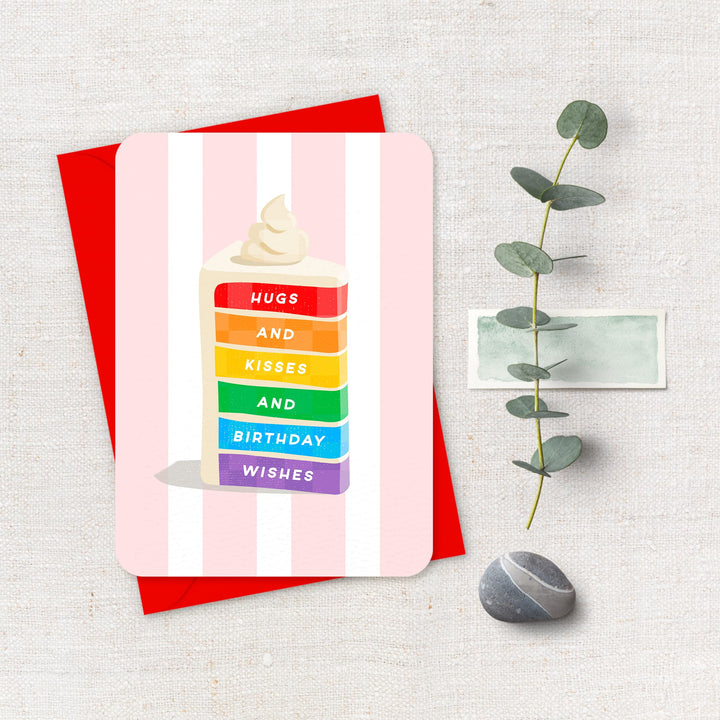 Hugs and Kisses and Rainbow Wishes Card, Cute Rainbow Cake Birthday Card