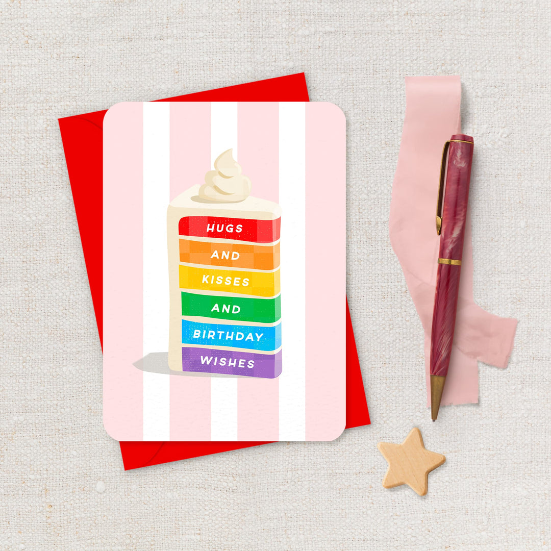 Hugs and Kisses and Rainbow Wishes Card, Cute Rainbow Cake Birthday Card