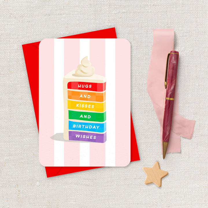 Hugs and Kisses and Rainbow Wishes Card, Cute Rainbow Cake Birthday Card