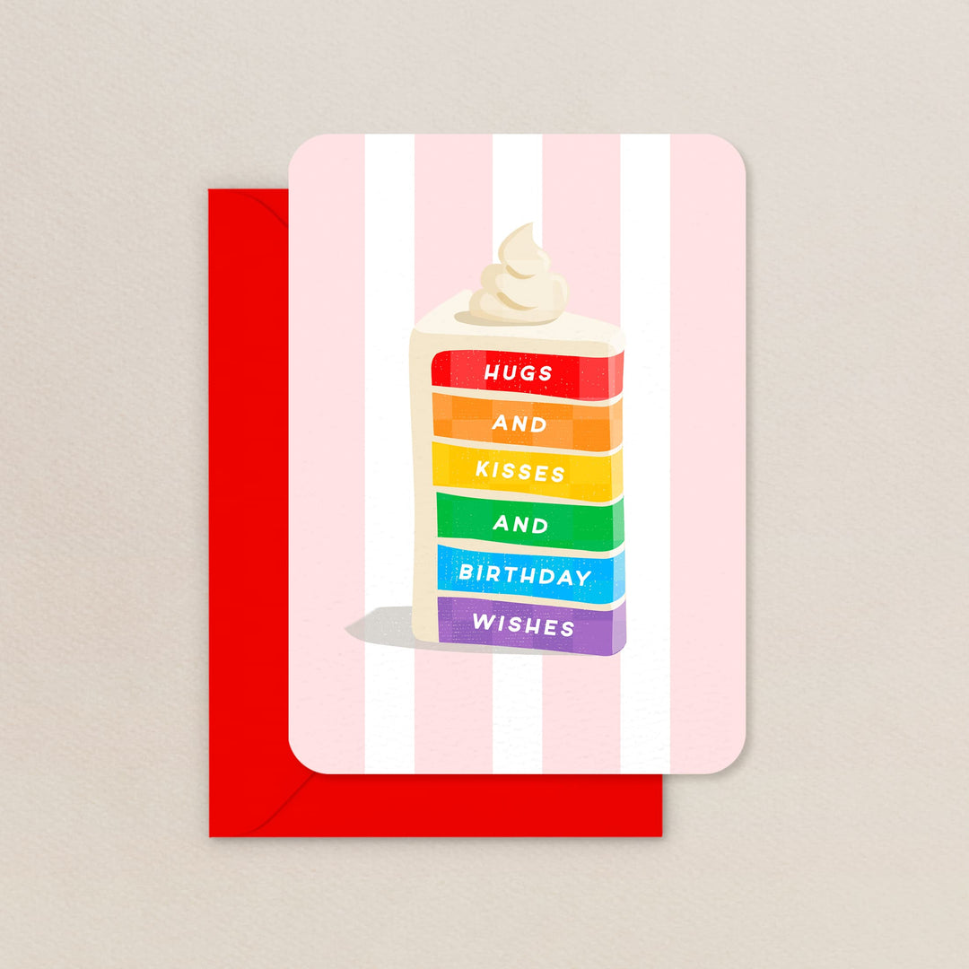 Hugs and Kisses and Rainbow Wishes Card, Cute Rainbow Cake Birthday Card