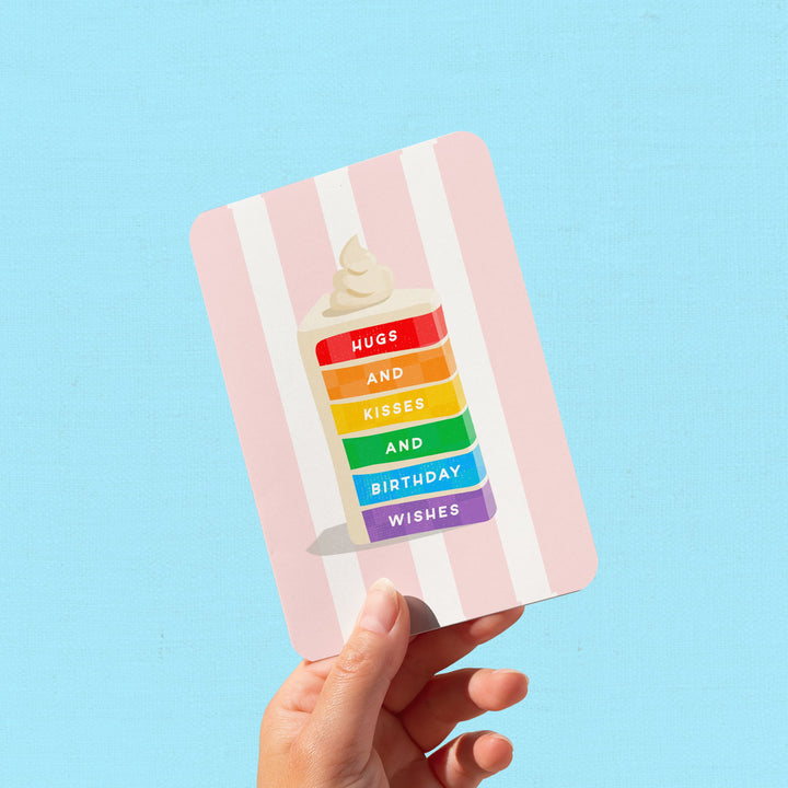 Hugs and Kisses and Rainbow Wishes Card, Cute Rainbow Cake Birthday Card